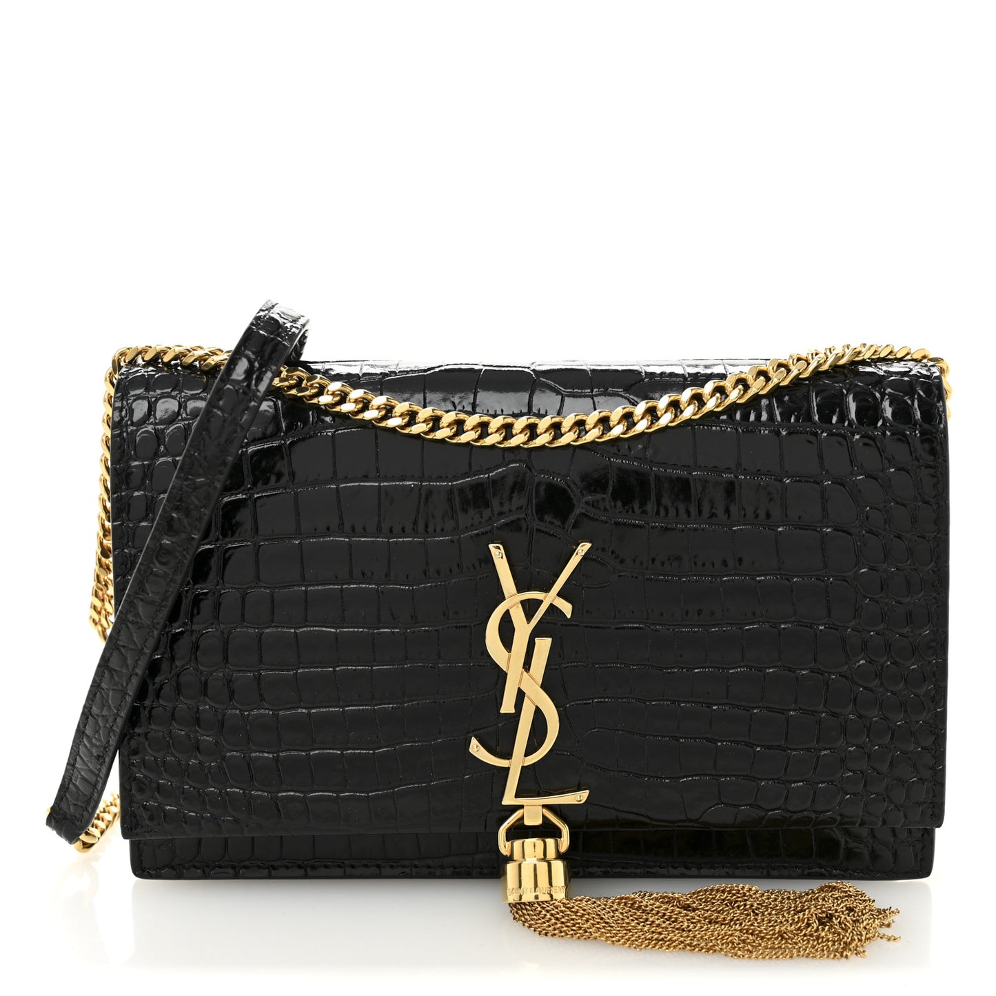 Calfskin Crocodile Embossed Small Classic Monogram Kate Tassel Satchel Black