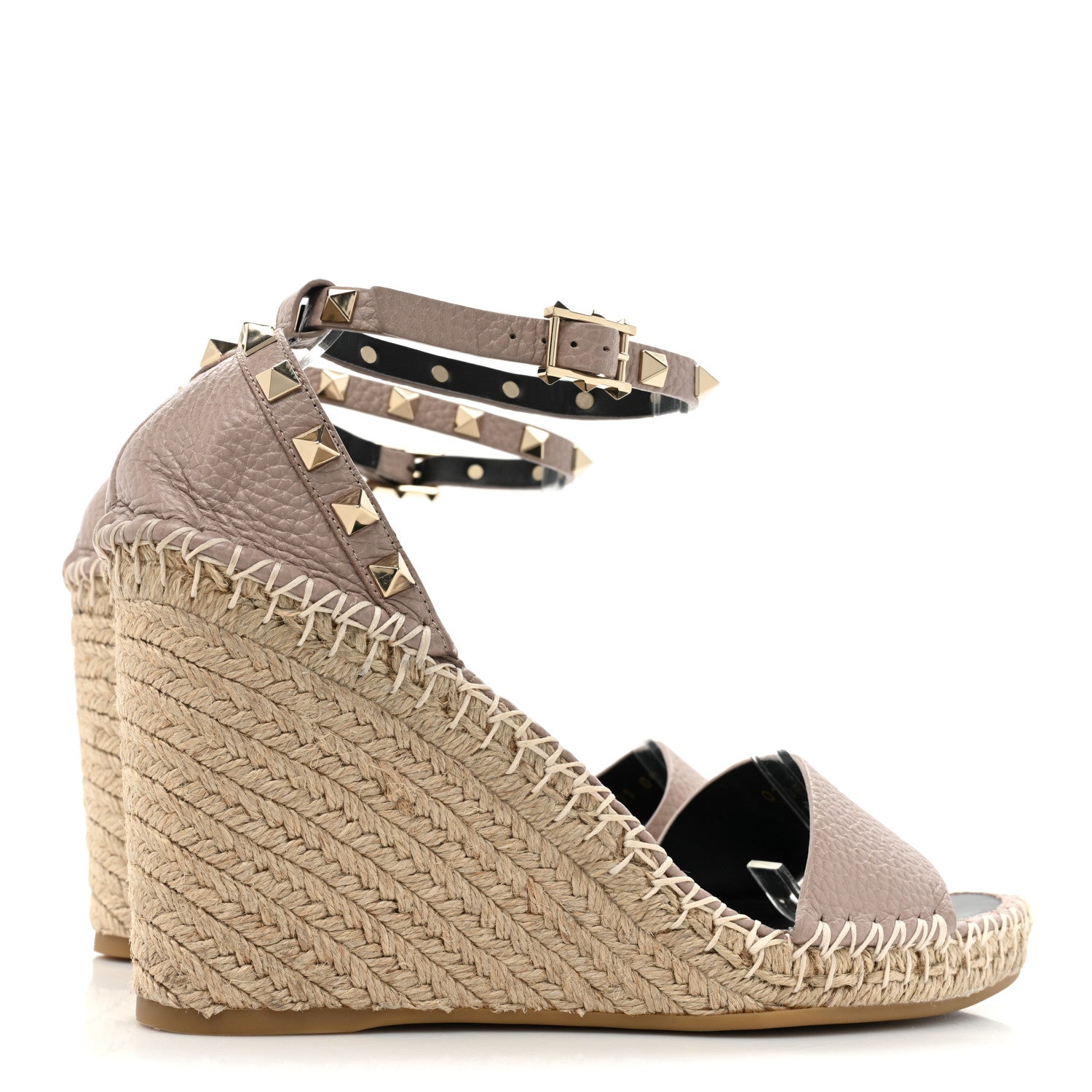 Valentino Garavani Grained Calfskin Rockstud Ankle Strap Espadrille 15/105mm Wedge Sandals 40 Poudre Natural 4 of 9