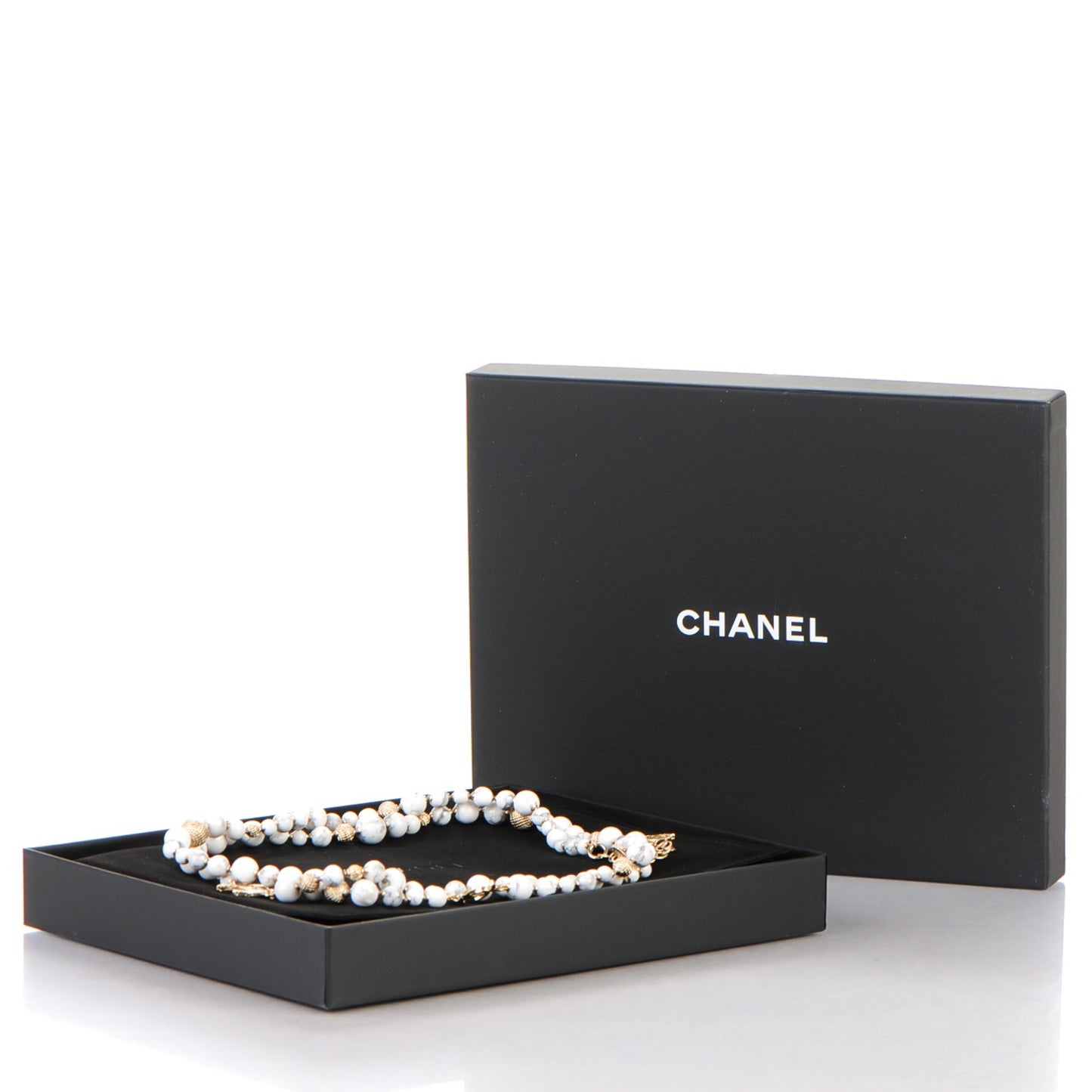 Bead CC Long Necklace Gold White