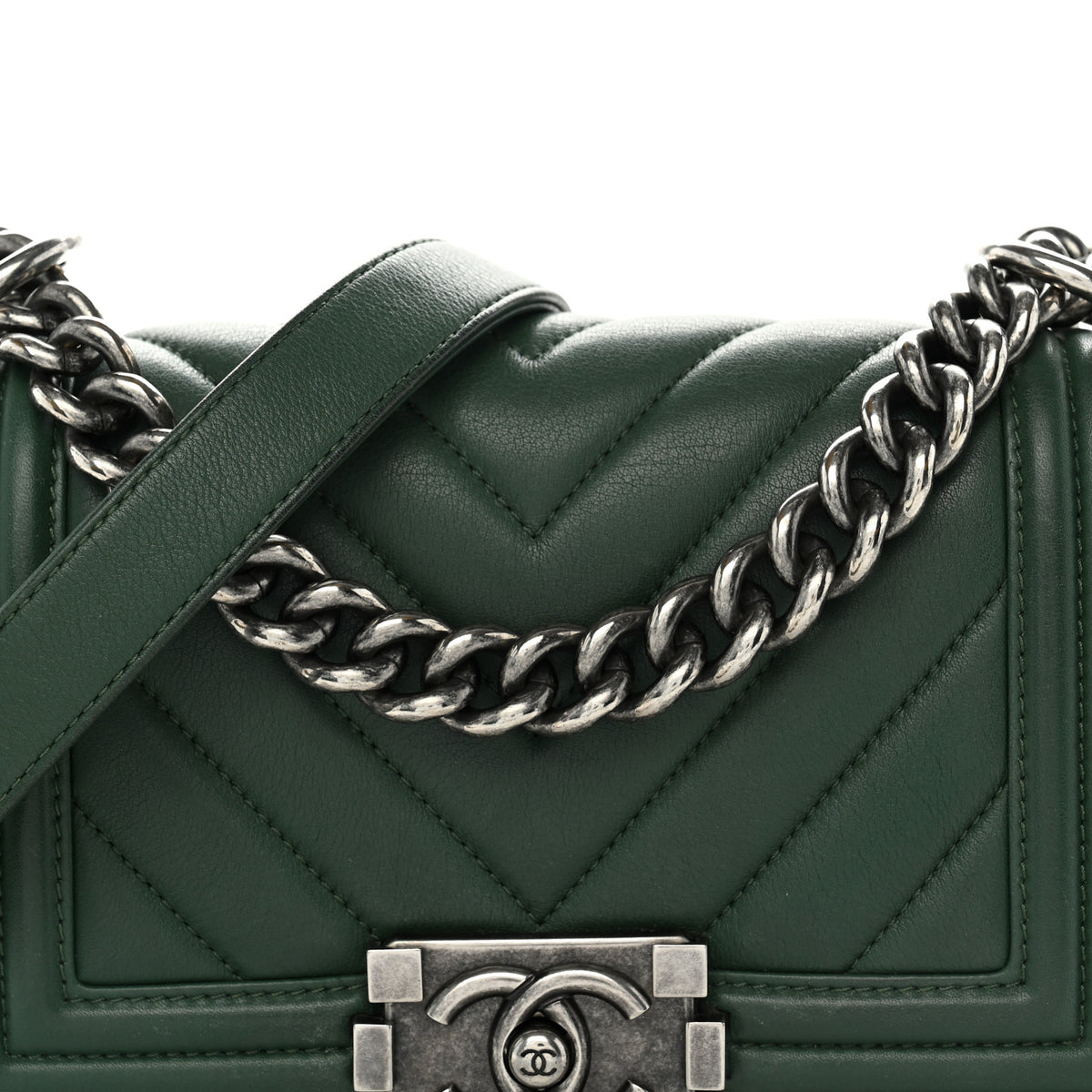 Calfskin Chevron Quilted Small Boy Flap Green