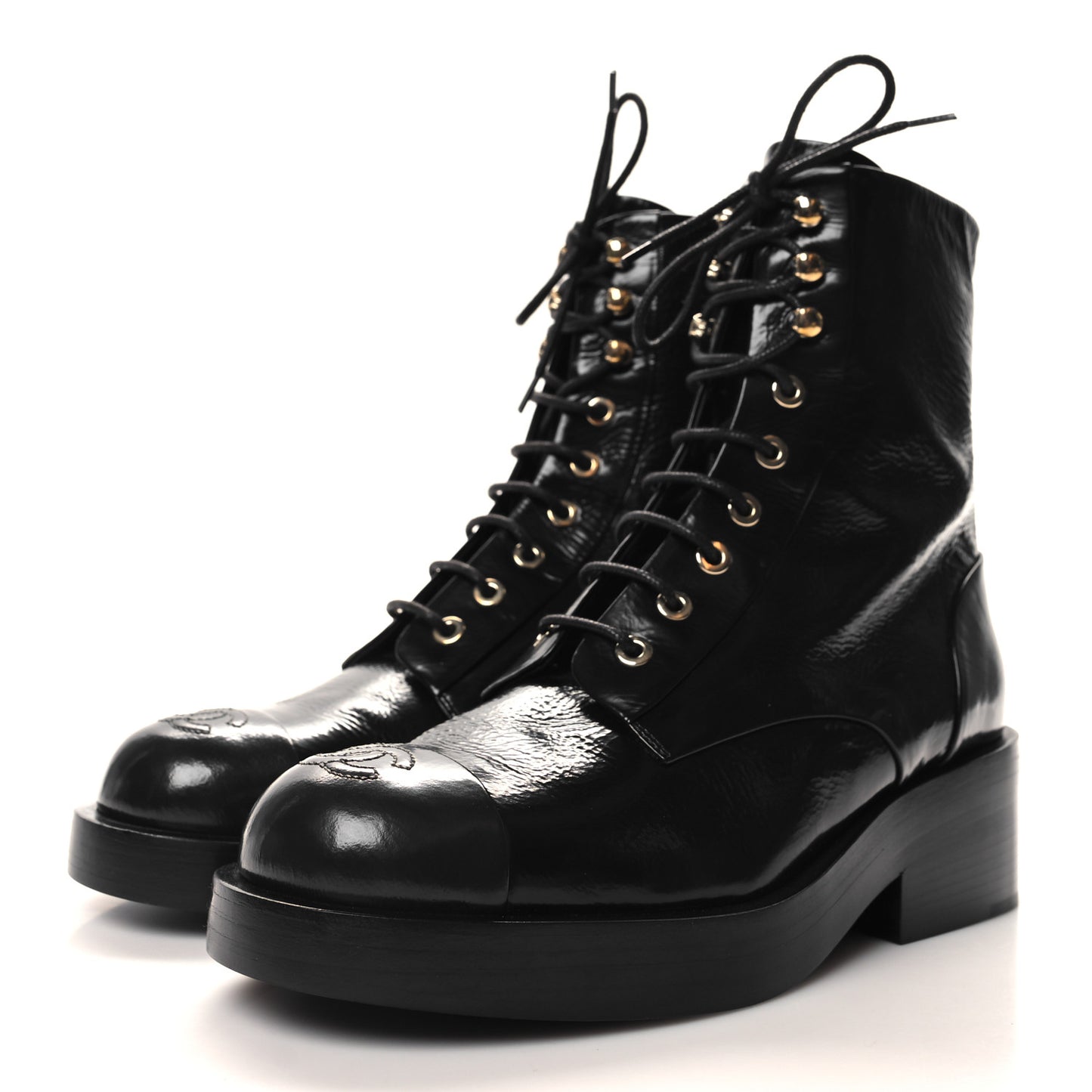 Shiny Goatskin Cap Toe Combat Boots 37.5 Black Dark Grey