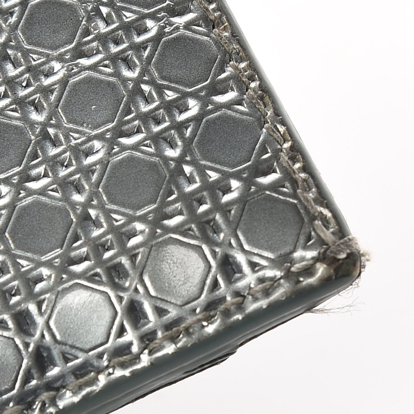 Metallic Patent Micro-Cannage Lady Dior Card Holder Silver