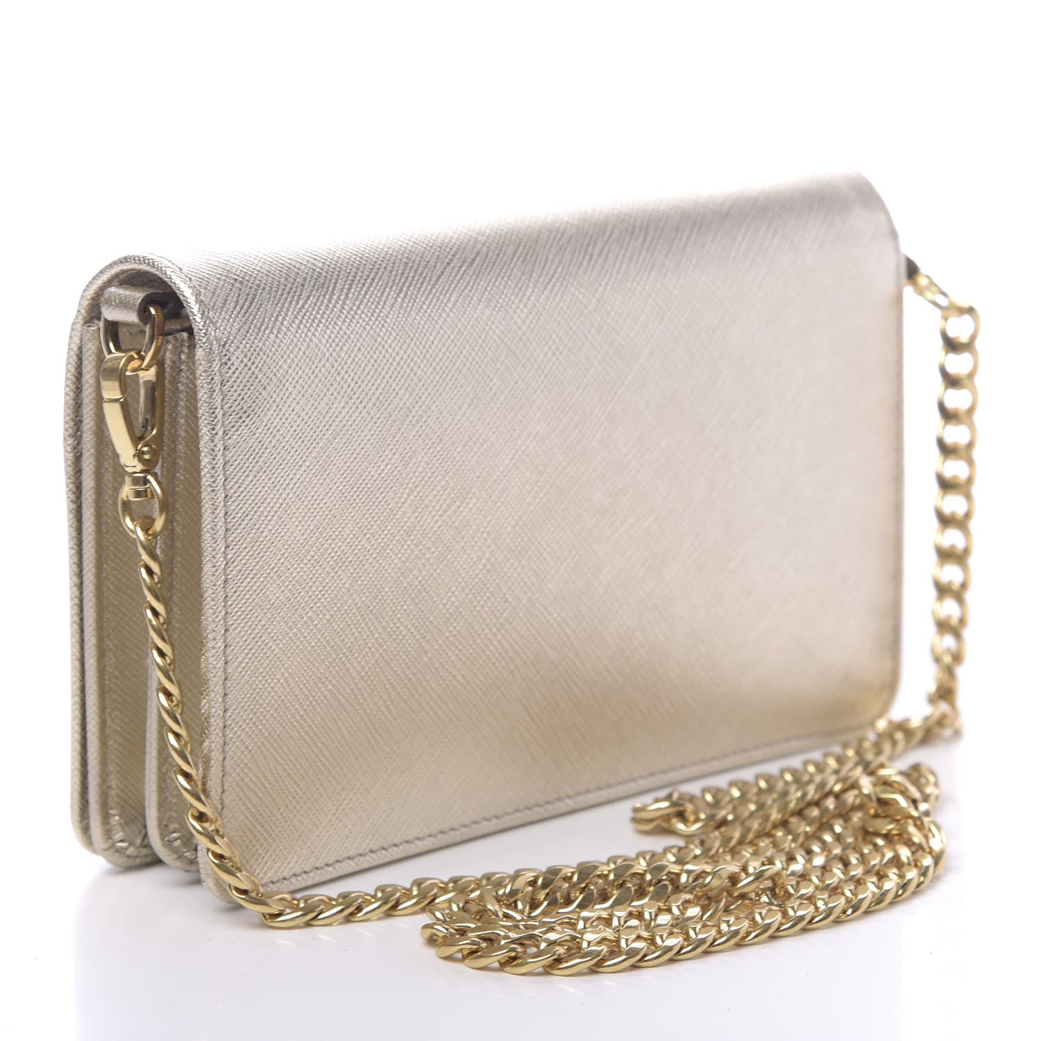 Prada Metallic Saffiano Lux Chain Wallet Pirite 2 of 8