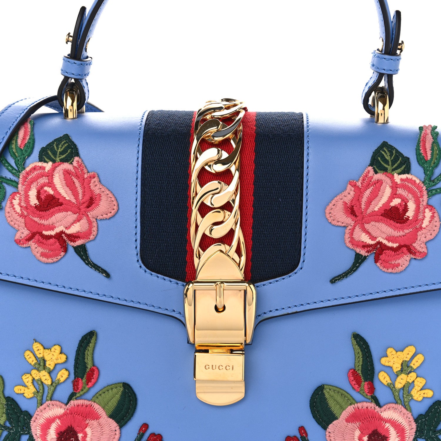 Gucci Calfskin Embroidered Medium Sylvie Top Handle Bag Clear Sky Blue 8 of 10