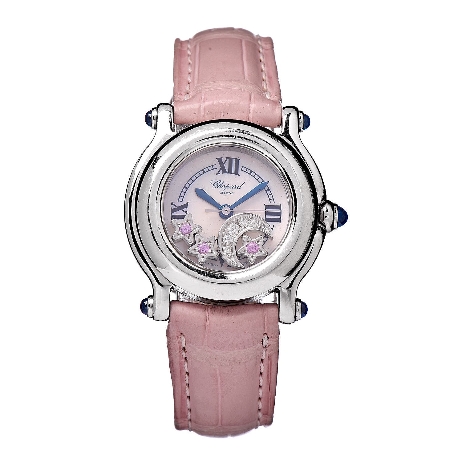 Chopard Stainless Steel Alligator Diamond Pink Sapphire Mother of Pearl 26mm Happy Sport Moon Star Quartz Watch 1 of 9