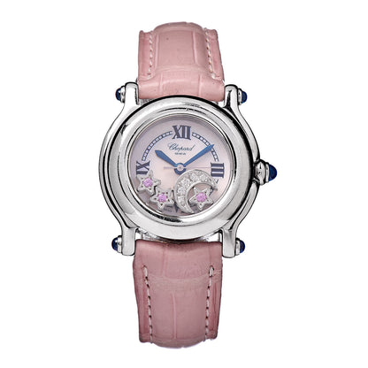 Chopard Stainless Steel Alligator Diamond Pink Sapphire Mother of Pearl 26mm Happy Sport Moon Star Quartz Watch 1 of 9