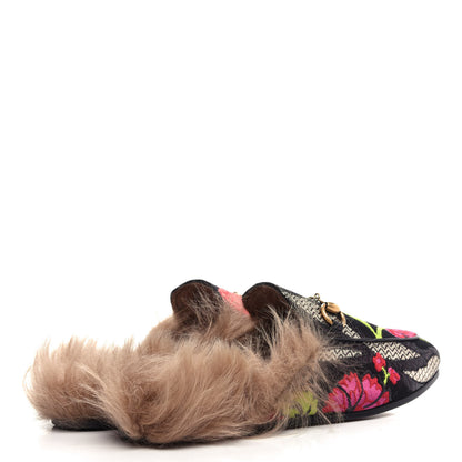 Gucci Brocade Fur Floral Womens Princetown Slippers 36 Black Anthracite 4 of 10