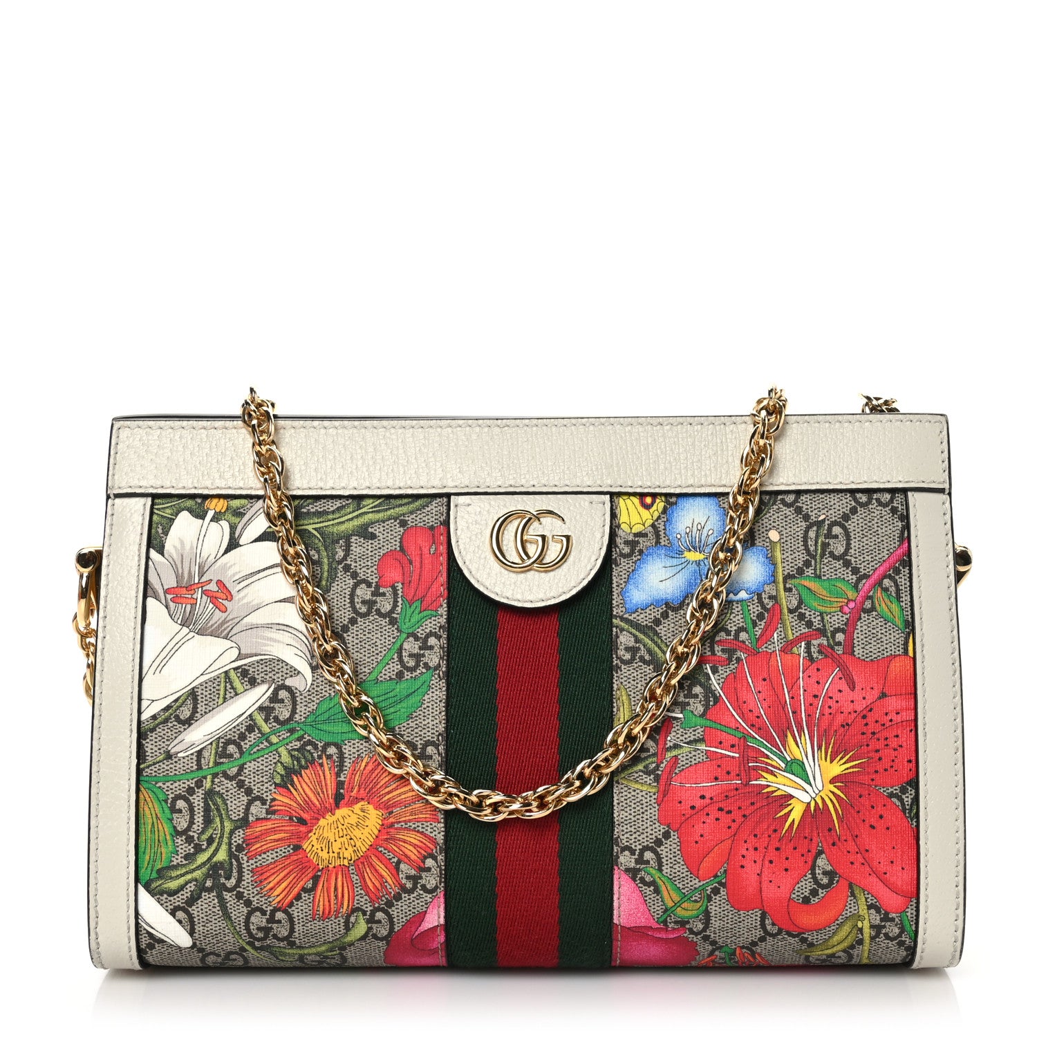 Gucci GG Supreme Monogram Flora Web Small Ophidia Chain Shoulder Bag White 1 of 10
