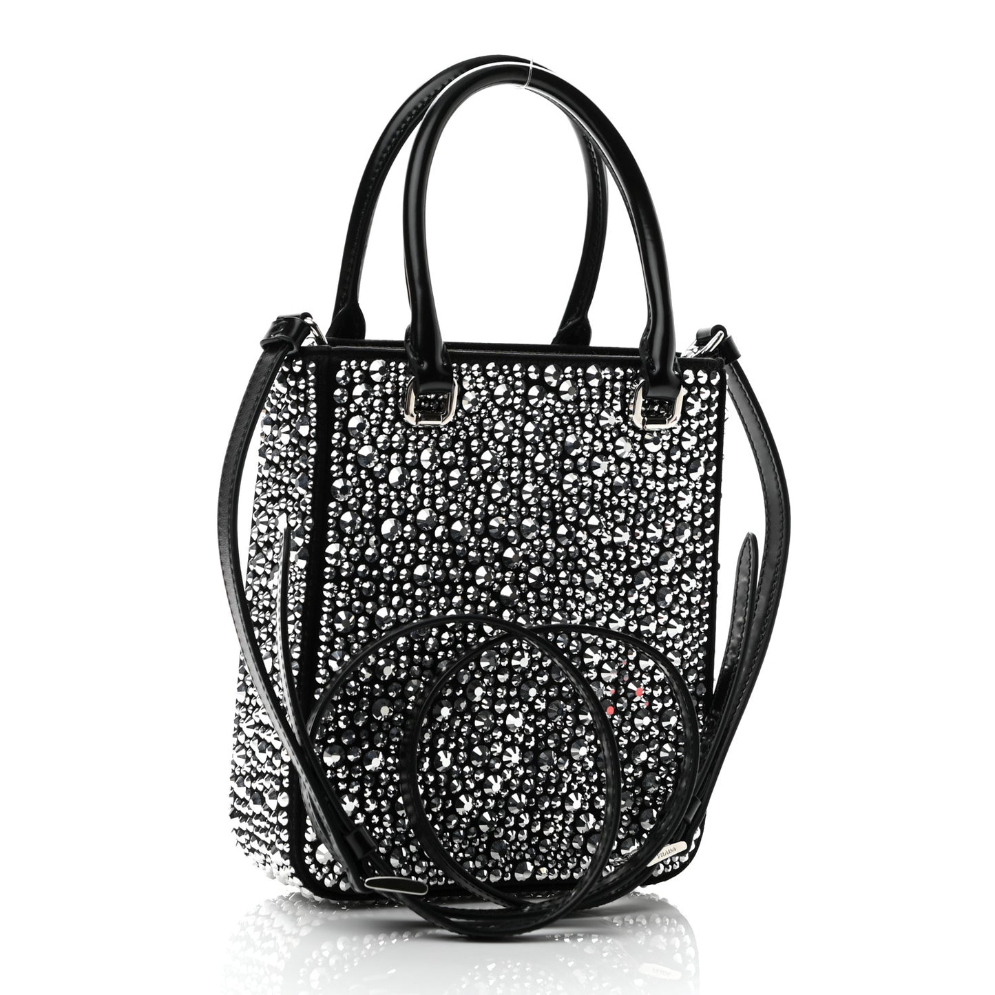 Satin Crystal Metal Triangle Logo Small Double Handle Crossbody Tote Metal