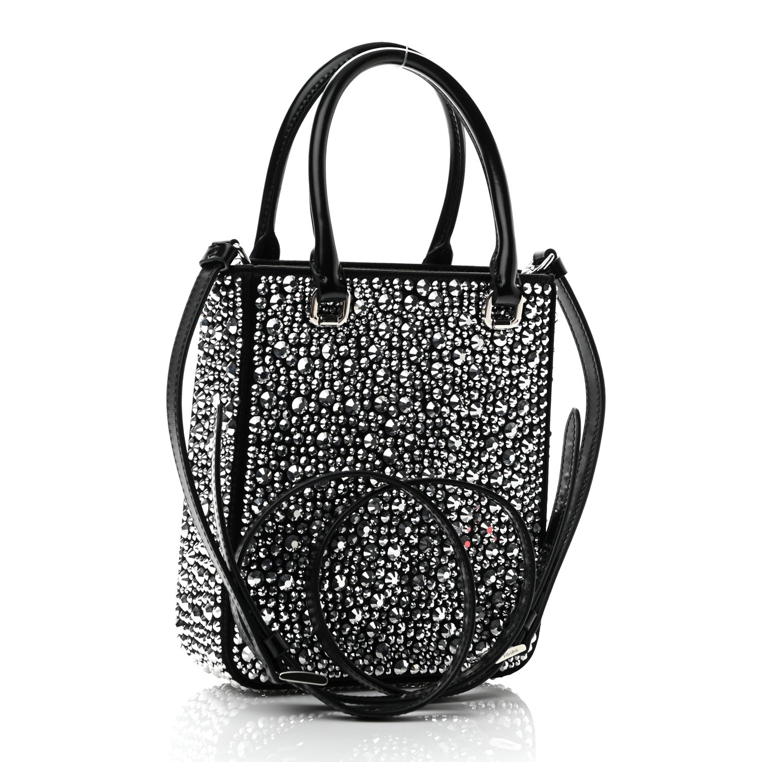 Prada Satin Crystal Metal Triangle Logo Small Double Handle Crossbody Tote Metal 3 of 10