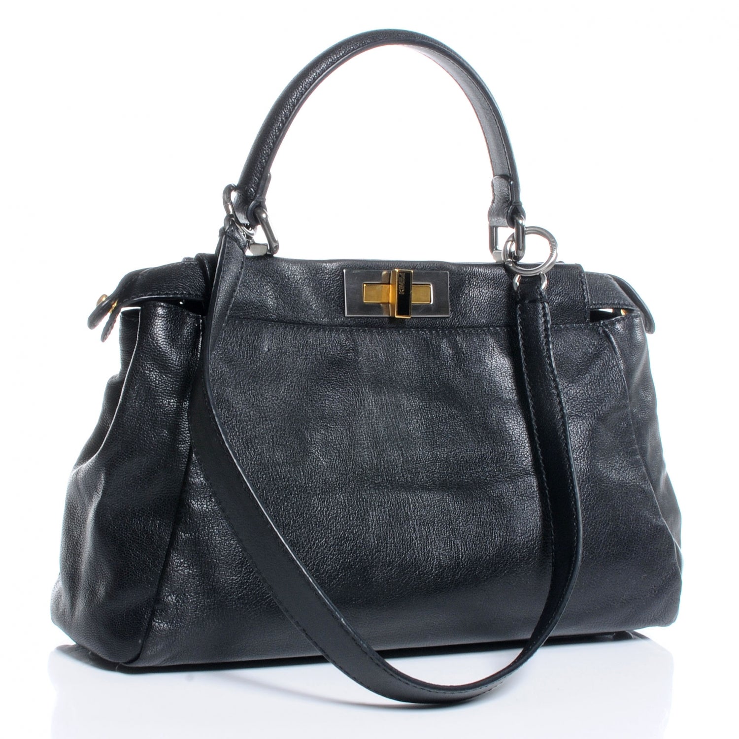Fendi Goatskin Zucca Medium Peekaboo Iconic Satchel Black Tobacco 3 of 9
