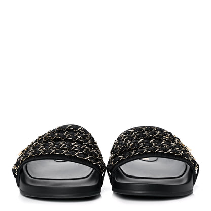 Chanel Satin Canvas Chain Slides Sandals Flats 41 Marine 2 of 10