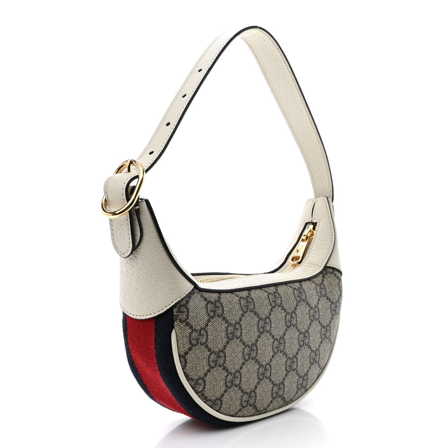 GG Supreme Monogram Textured Dollar Calfskin Web Mini Ophidia Half Moon Hobo Beige Ebony Mystic White
