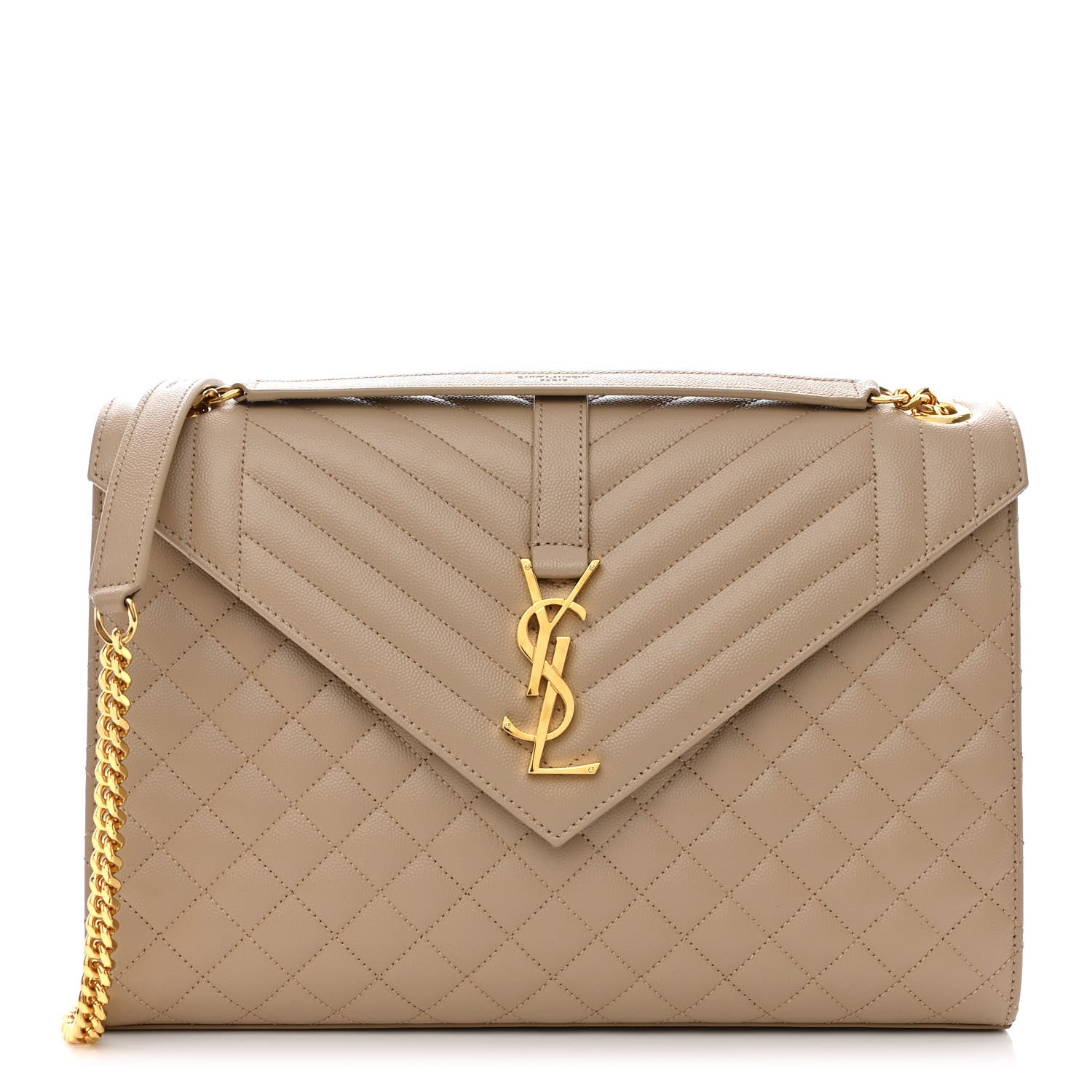 Saint Laurent Grain De Poudre Mixed Matelasse Large Triquilt Monogram Satchel Dark Beige 1 of 10