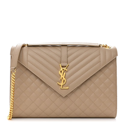 Saint Laurent Grain De Poudre Mixed Matelasse Large Triquilt Monogram Satchel Dark Beige 1 of 10