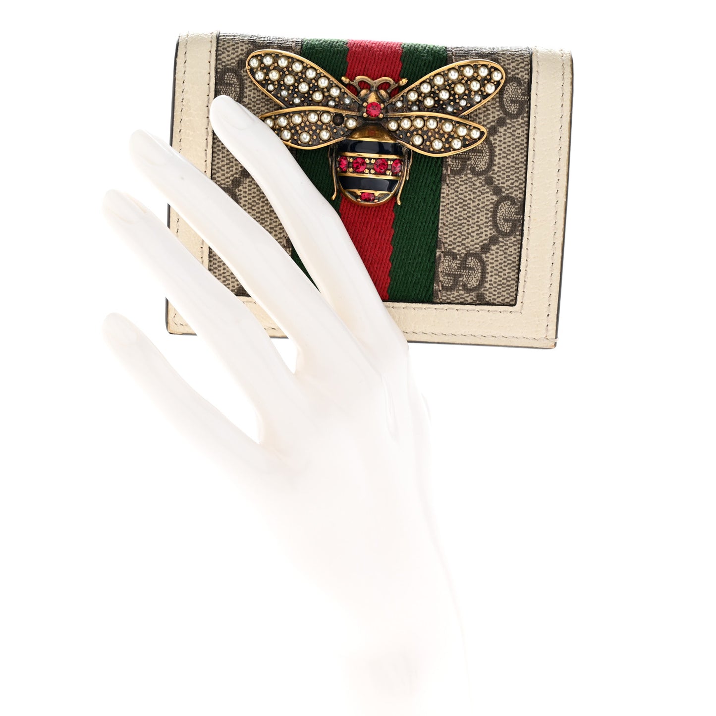 GG Supreme Monogram Web Queen Margaret Card Case Wallet Beige Mystic White