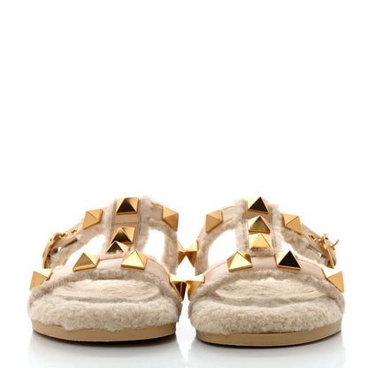 Valentino Garavani Shearling Roman Stud Slide Sandals 39.5 Sahara Beige 2 of 9