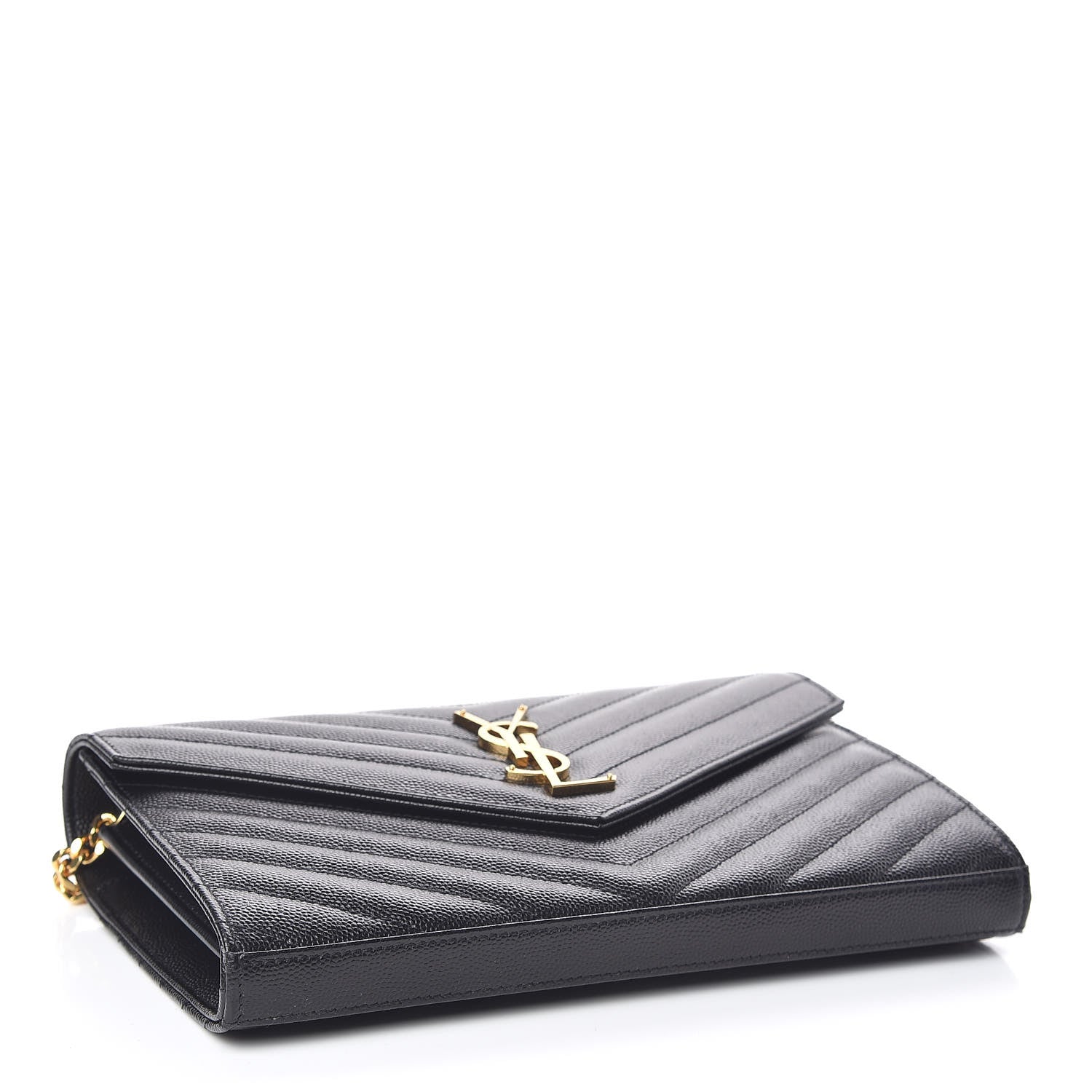Saint Laurent Grain De Poudre Matelasse Chevron Monogram Chain Wallet Black 4 of 9
