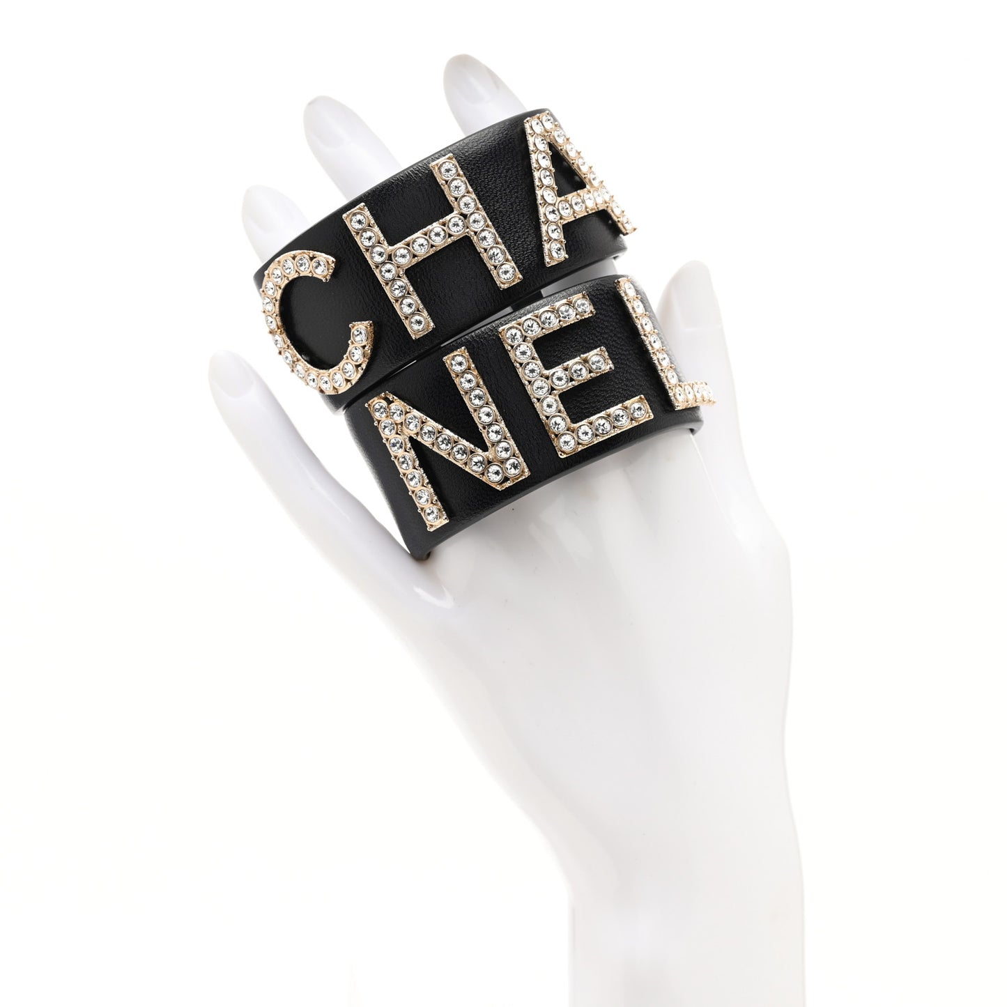 Crystal Lambskin Cha-Nel Logo Cuff Set S Black Gold