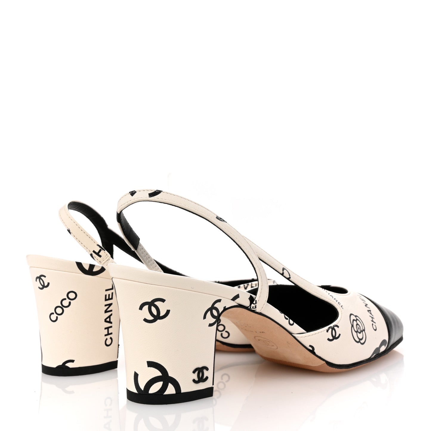 Printed Lambskin Cap Toe CC Slingback Pumps 38 Black White