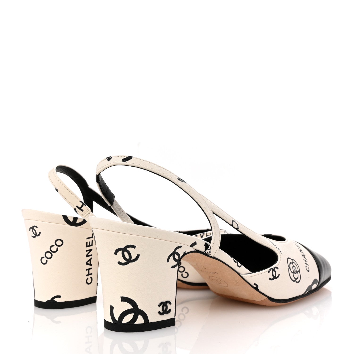 Chanel Printed Lambskin Cap Toe CC Slingback Pumps 38 Black White 5 of 10
