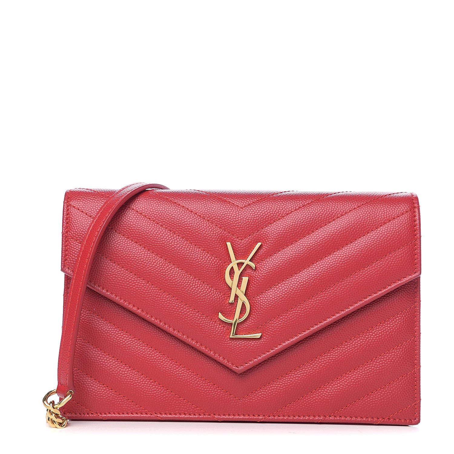 Saint Laurent Grain De Poudre Matelasse Chevron Monogram Envelope Chain Wallet New Red 1 of 9