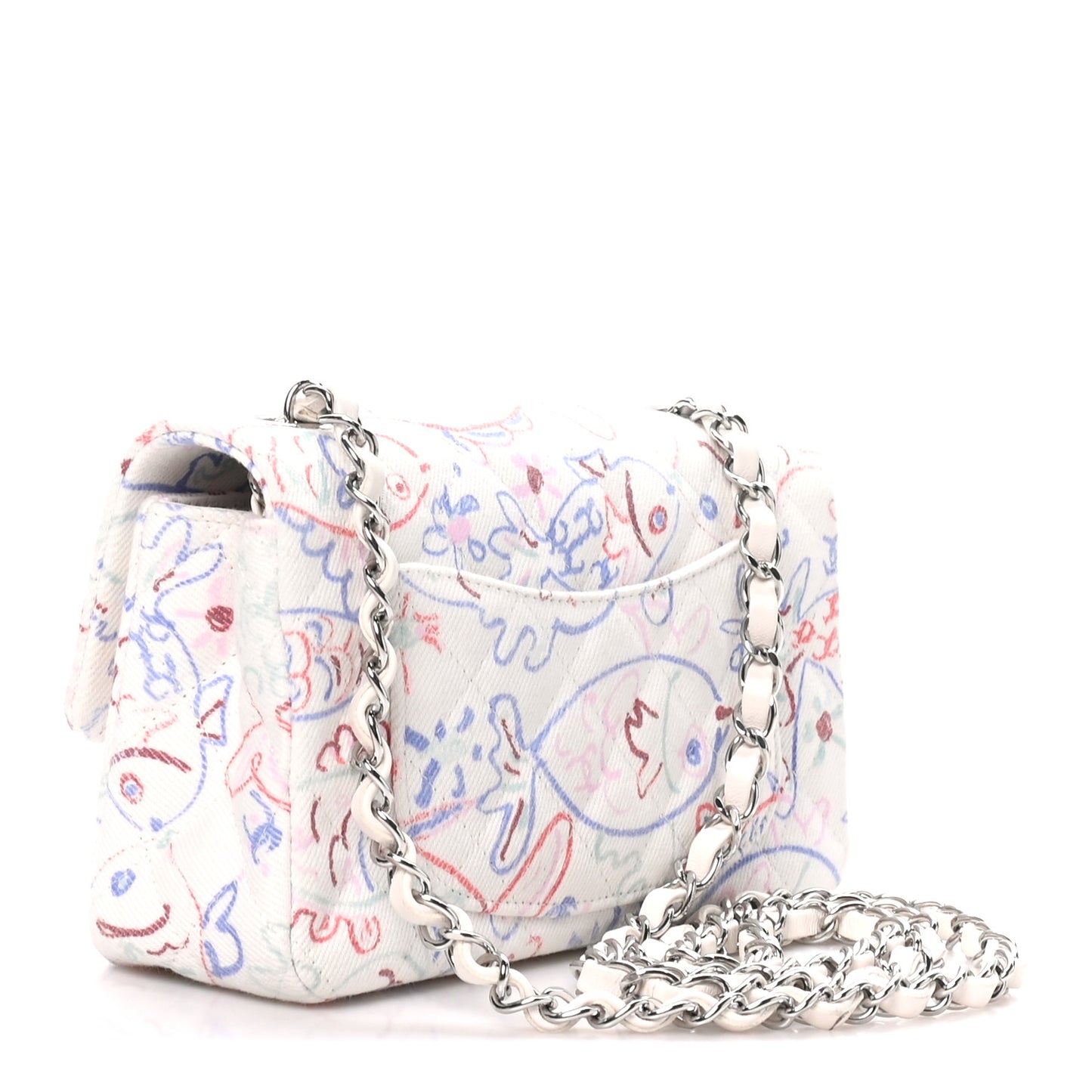 Denim Printed Fish Quilted Mini Rectangular Flap White Multicolor