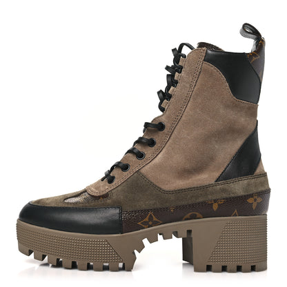 Louis Vuitton Suede Calfskin Monogram Laureate Platform Desert Boots 38 Taupe 1 of 9