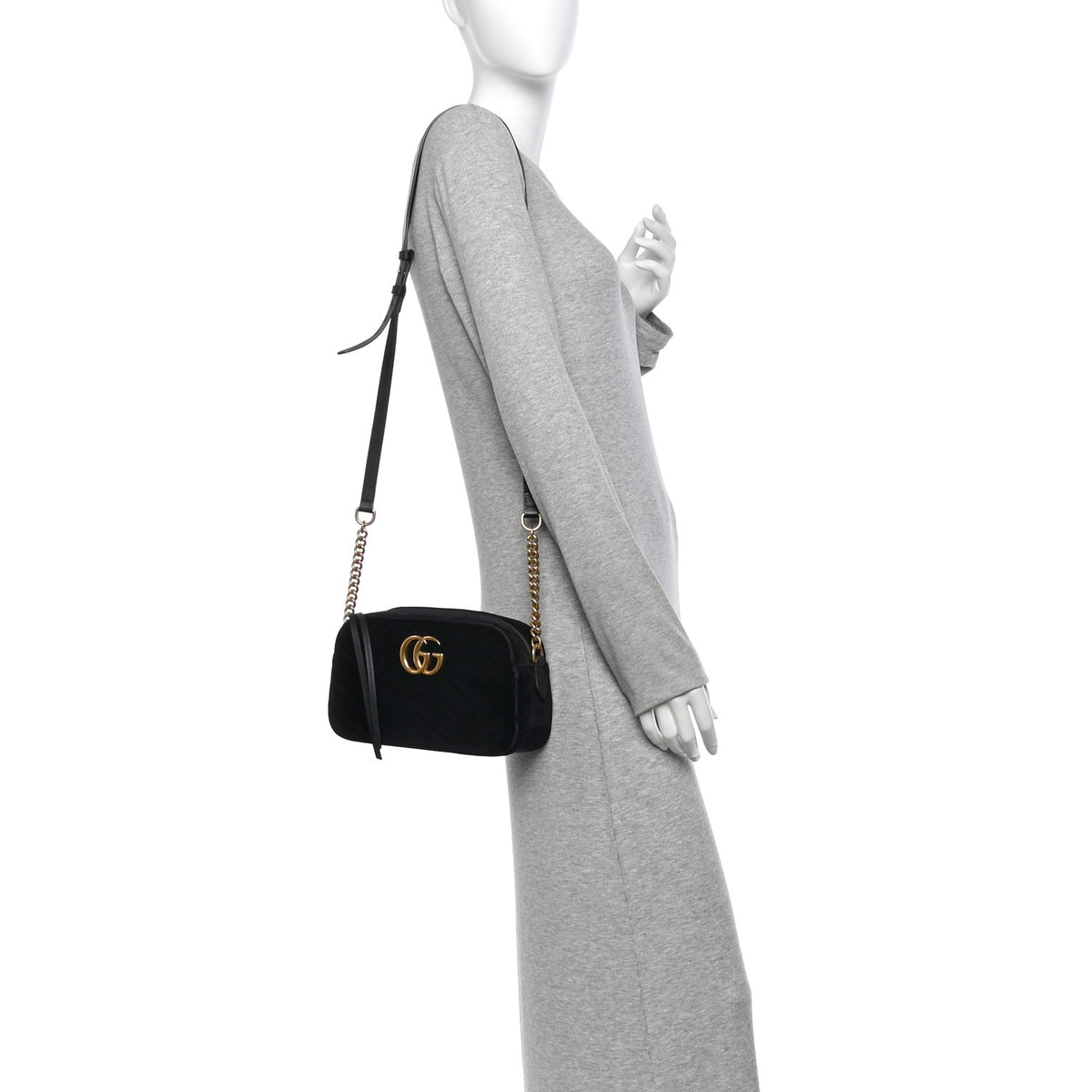Gucci Velvet Matelasse Small GG Marmont Chain Shoulder Bag Black 2 of 12
