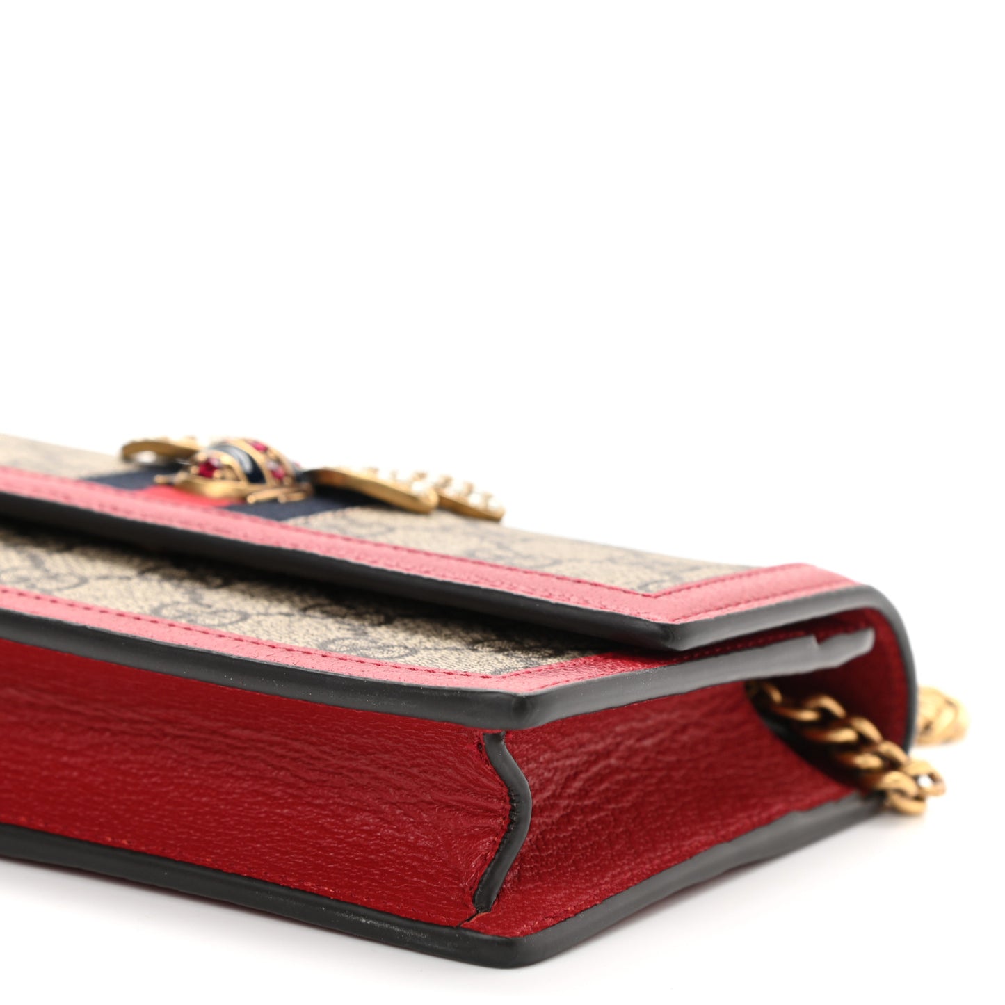 GG Supreme Monogram Web Queen Margaret Chain Wallet Red