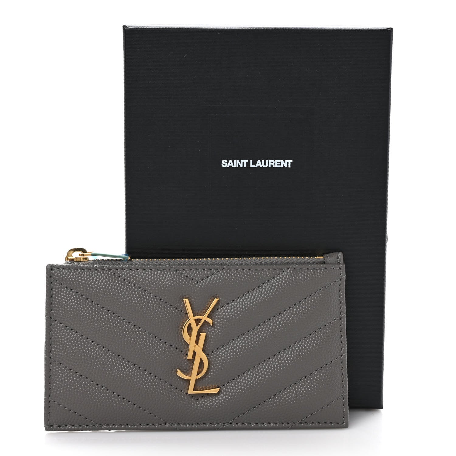Saint Laurent Grain De Poudre Matelasse Chevron Monogram Fragments Zippered Card Case Fog 8 of 8