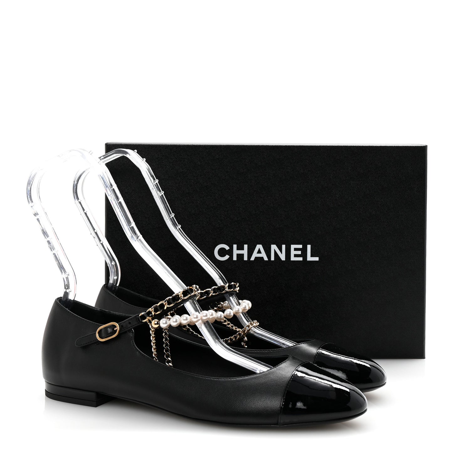 Shiny Lambskin Pearl Cap Toe Ankle Chain Ballerina Flats 41 Black