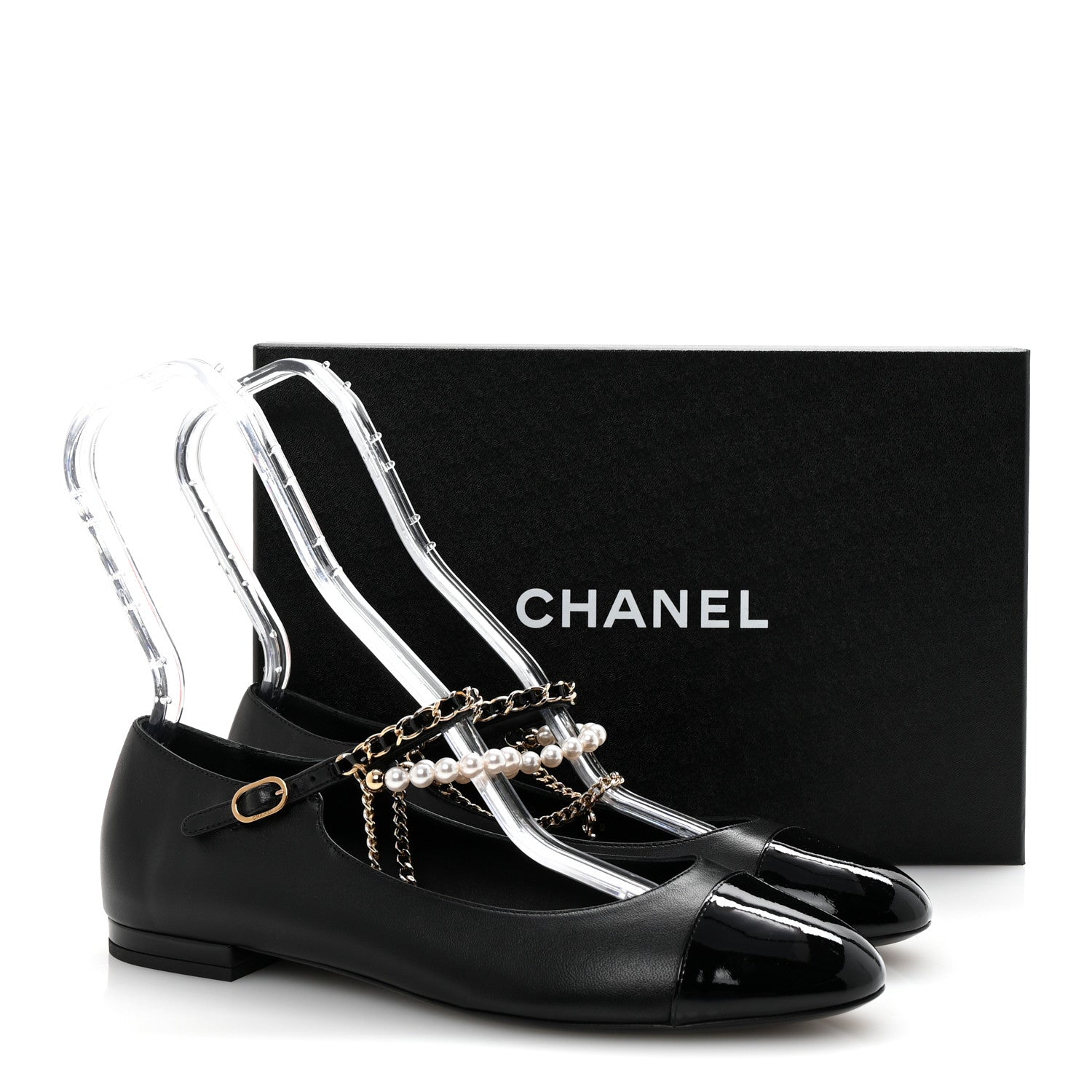 Chanel Shiny Lambskin Pearl Cap Toe Ankle Chain Ballerina Flats 41 Black 10 of 10