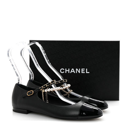 Chanel Shiny Lambskin Pearl Cap Toe Ankle Chain Ballerina Flats 41 Black 10 of 10