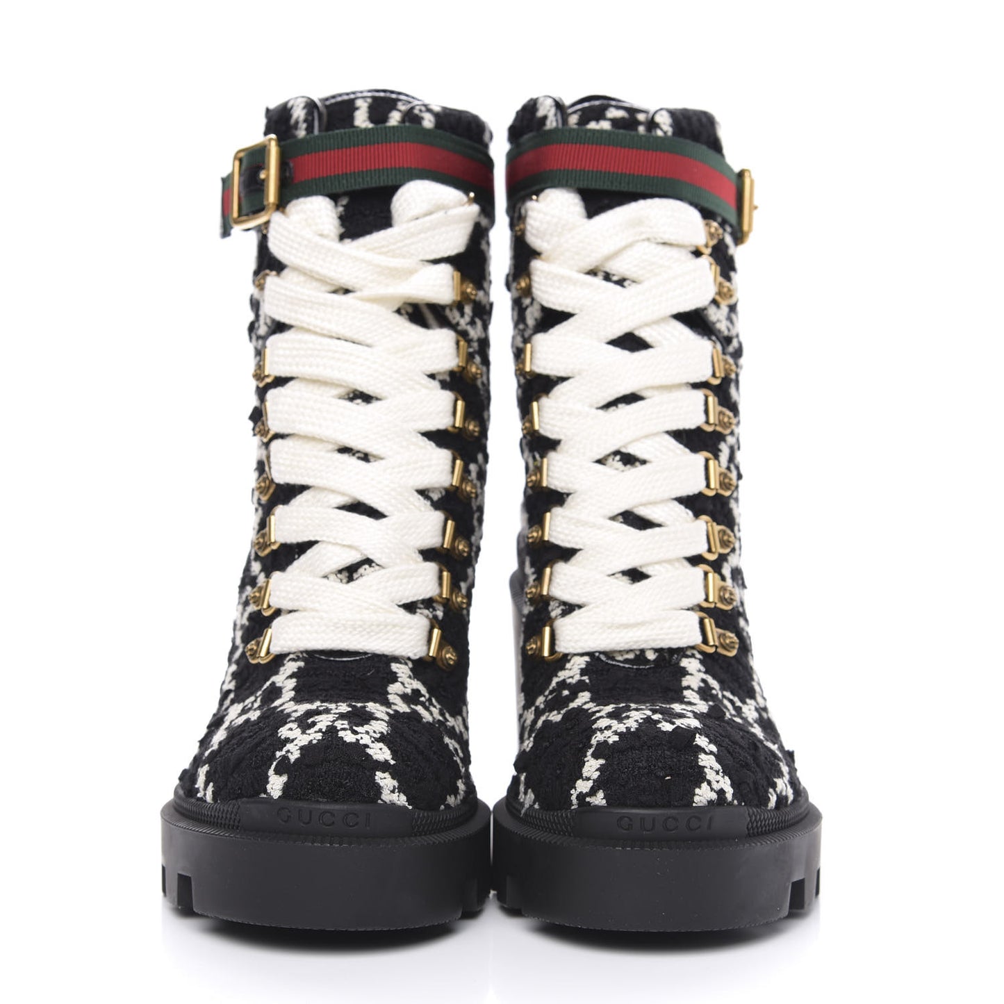 Tweed GG Monogram Lace Up Combat Ankle Boots 37 Black