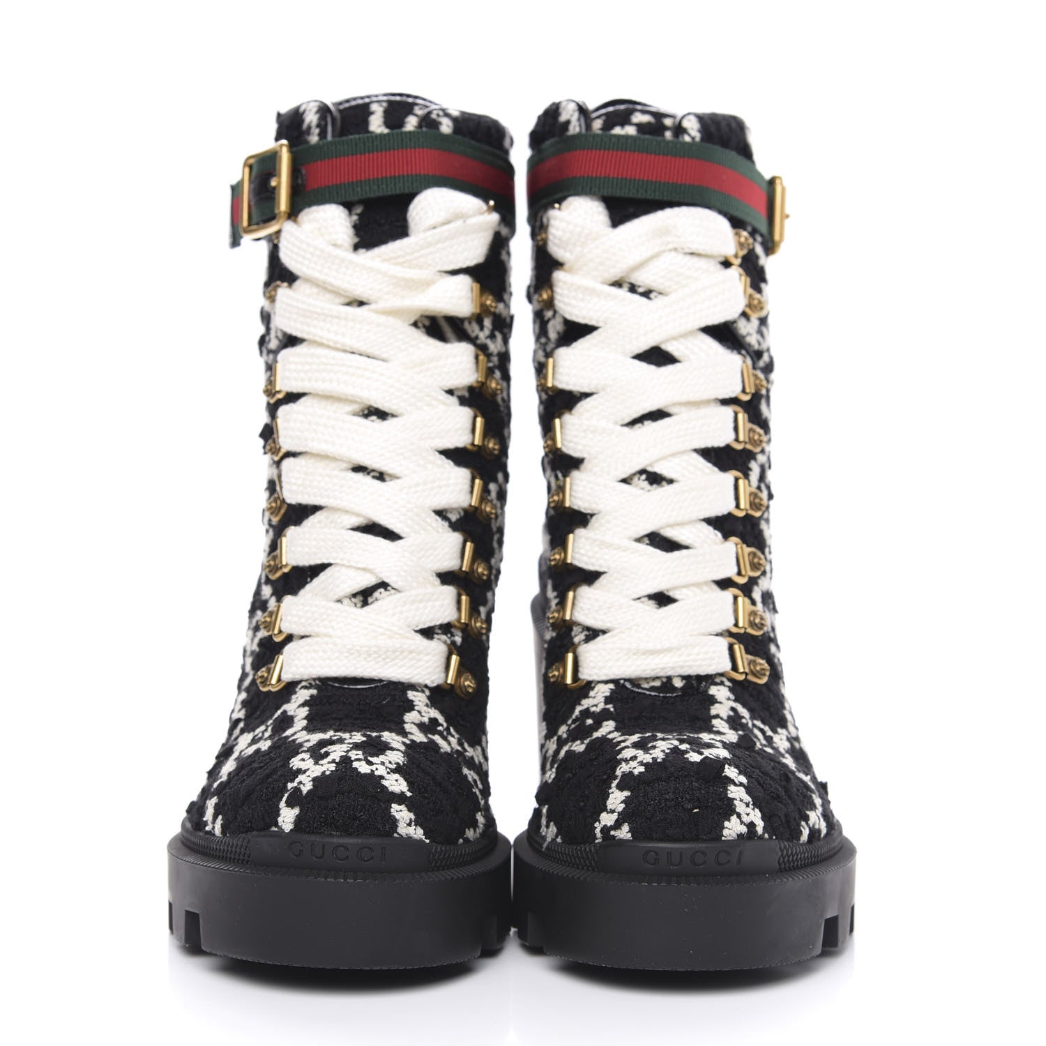 Gucci Tweed GG Monogram Lace Up Combat Ankle Boots 37 Black 2 of 8