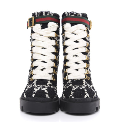 Gucci Tweed GG Monogram Lace Up Combat Ankle Boots 37 Black 2 of 8
