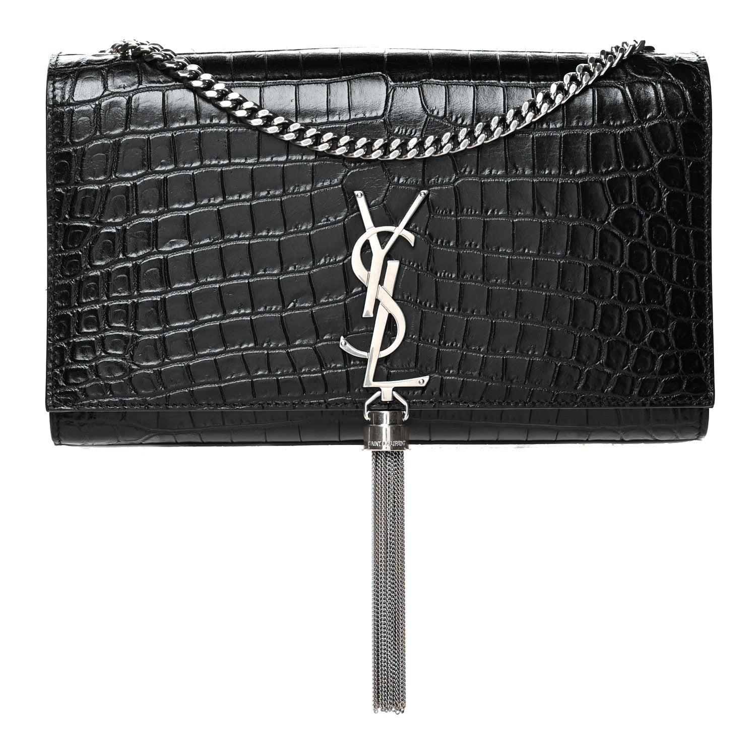 Saint Laurent Calfskin Crocodile Embossed Medium Classic Monogram Kate Tassel Satchel Black 1 of 11