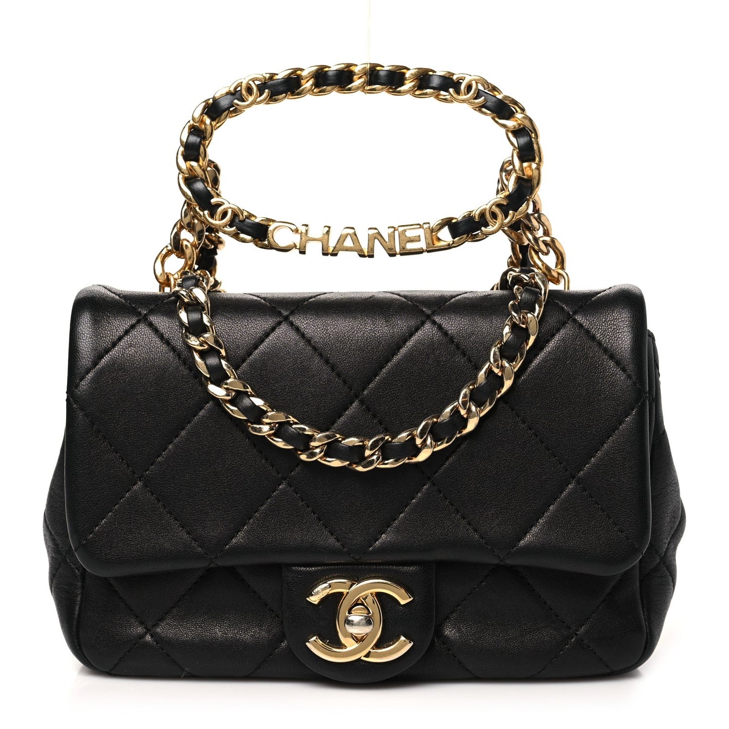 Lambskin Metal Quilted Mini Top Handle Square Flap Black