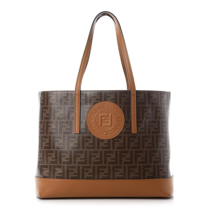Fendi Glazed Fabric Vitello Century FF 1974 Stamp Patch Shopping Tote Mogano Panna Caramello 1 of 9