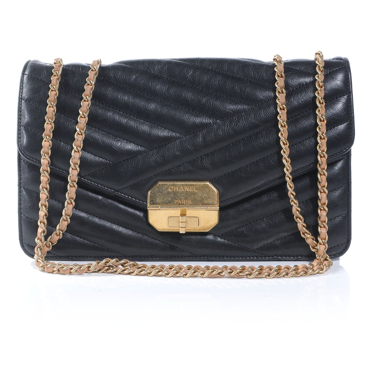 Calfskin Chevron Quilted Gabrielle Flap Black