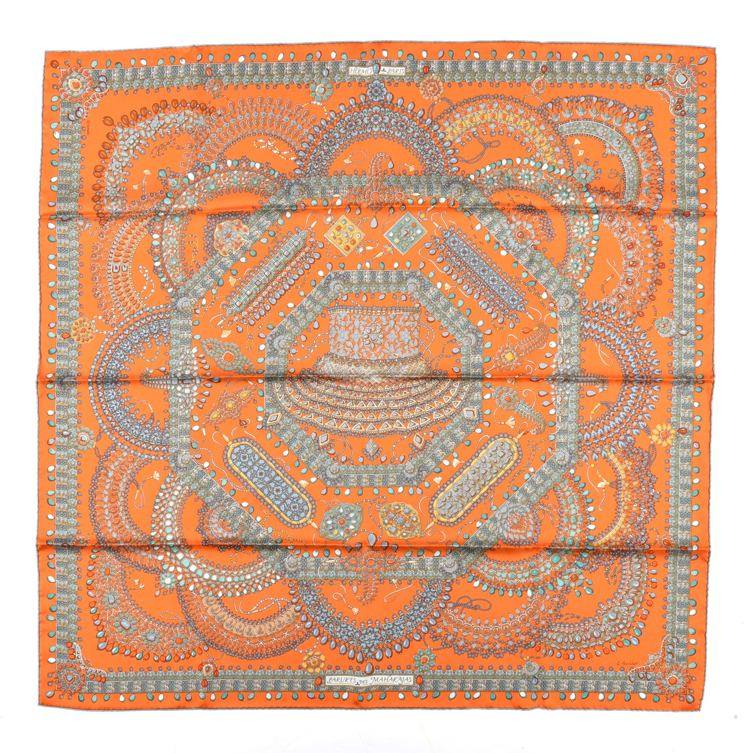 Hermes Silk Parures Des Maharajas Scarf 90 Orange Vert De Gris 1 of 5