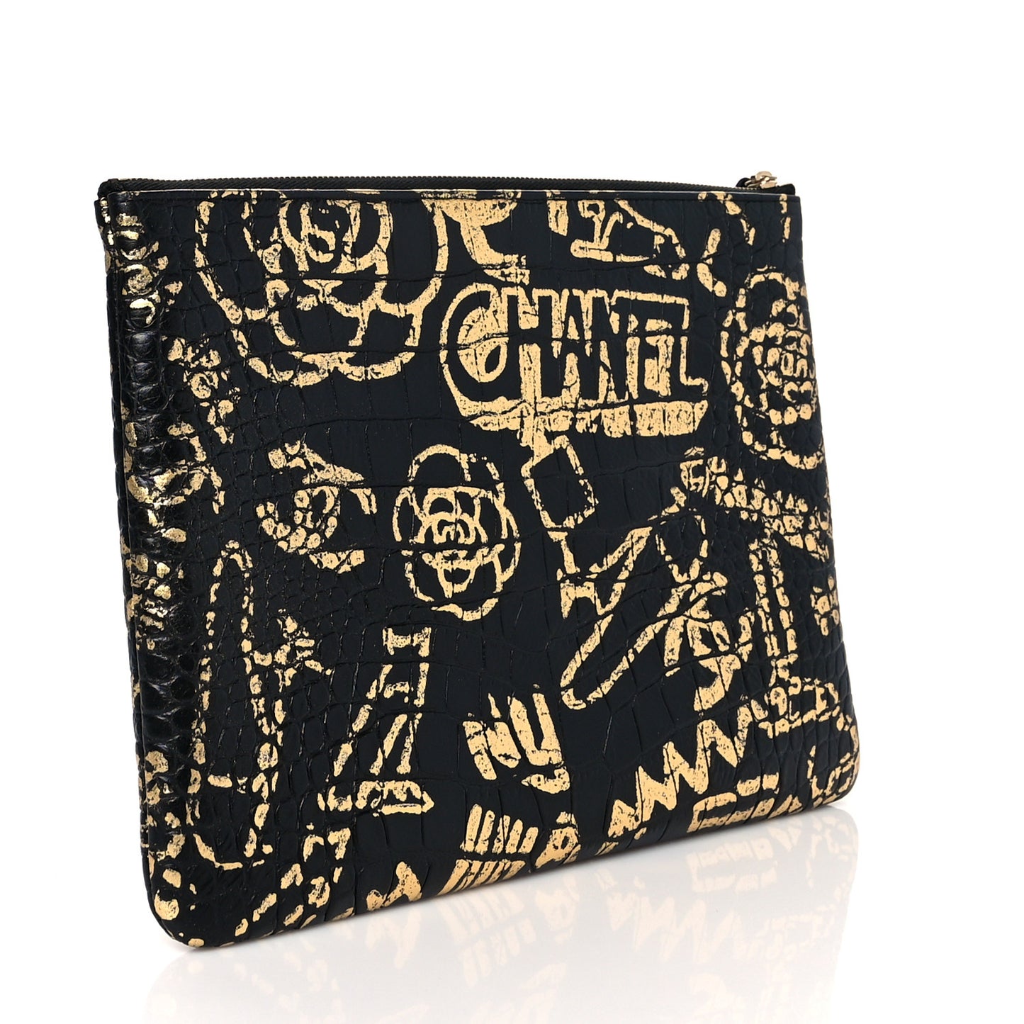 Calfskin Crocodile Embossed Graffiti 2.55 Medium Cocodile Reissue Cosmetic Case Black Gold