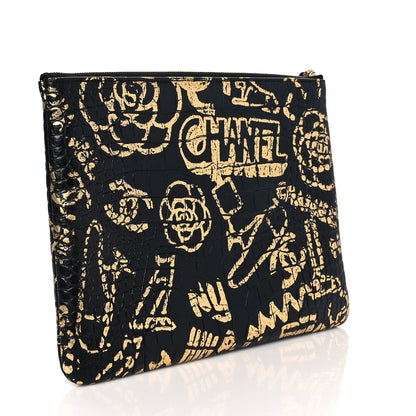 Chanel Calfskin Crocodile Embossed Graffiti 2.55 Medium Cocodile Reissue Cosmetic Case Black Gold 3 of 9