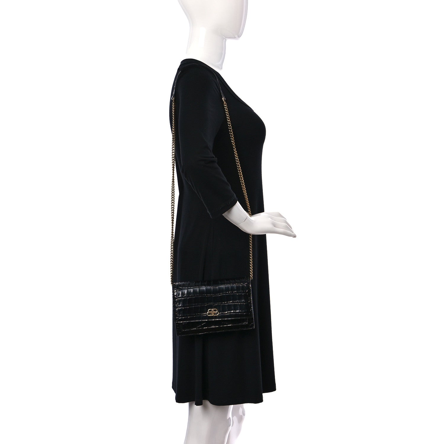 Balenciaga Shiny Calfskin Crocodile Embossed Sharp Crossbody Clutch Black 3 of 11