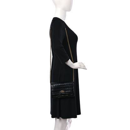 Balenciaga Shiny Calfskin Crocodile Embossed Sharp Crossbody Clutch Black 3 of 11