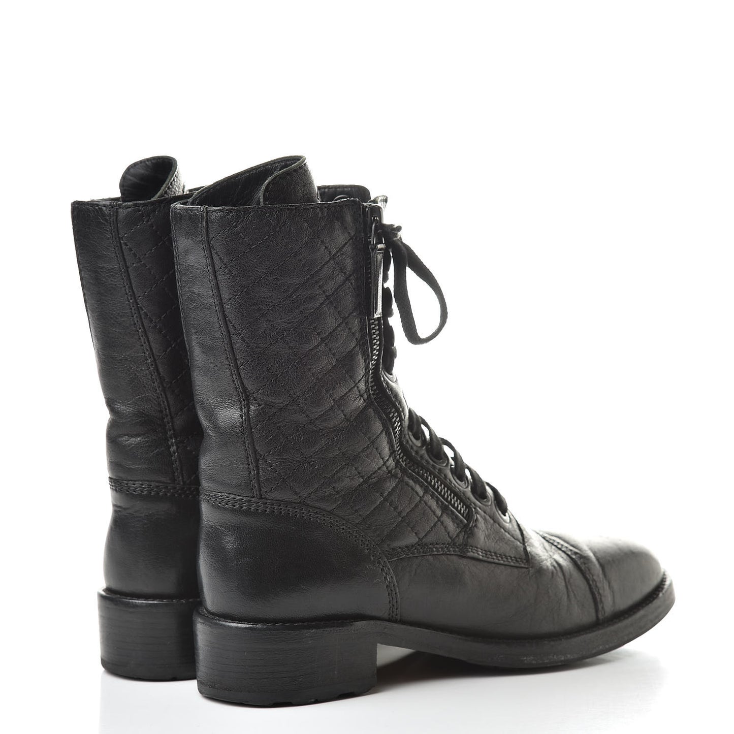 Calfskin Quilted Combat Boots 38.5 Black