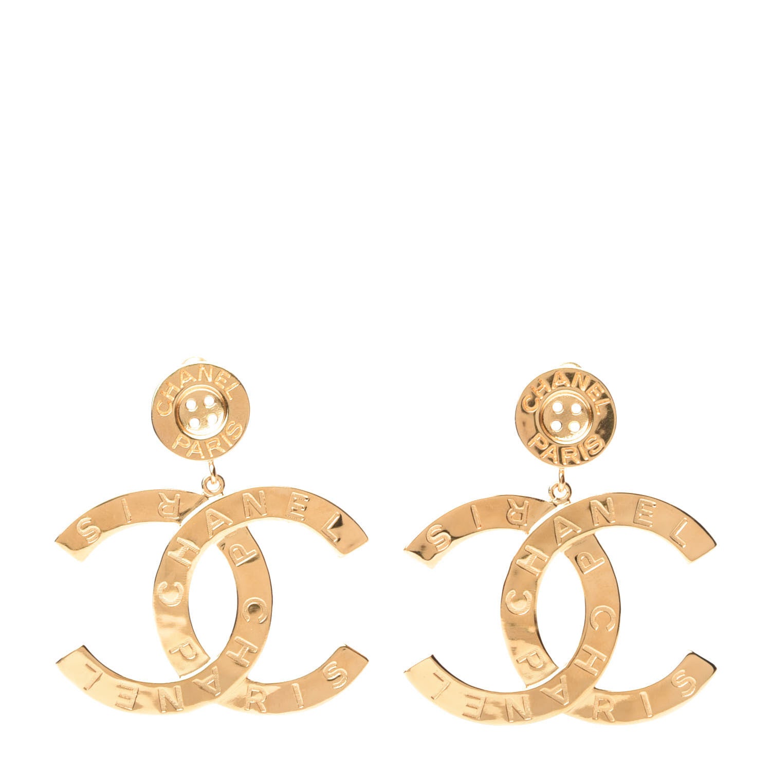 Chanel Metal Large Paris Button Earrings Gold 1 of 5