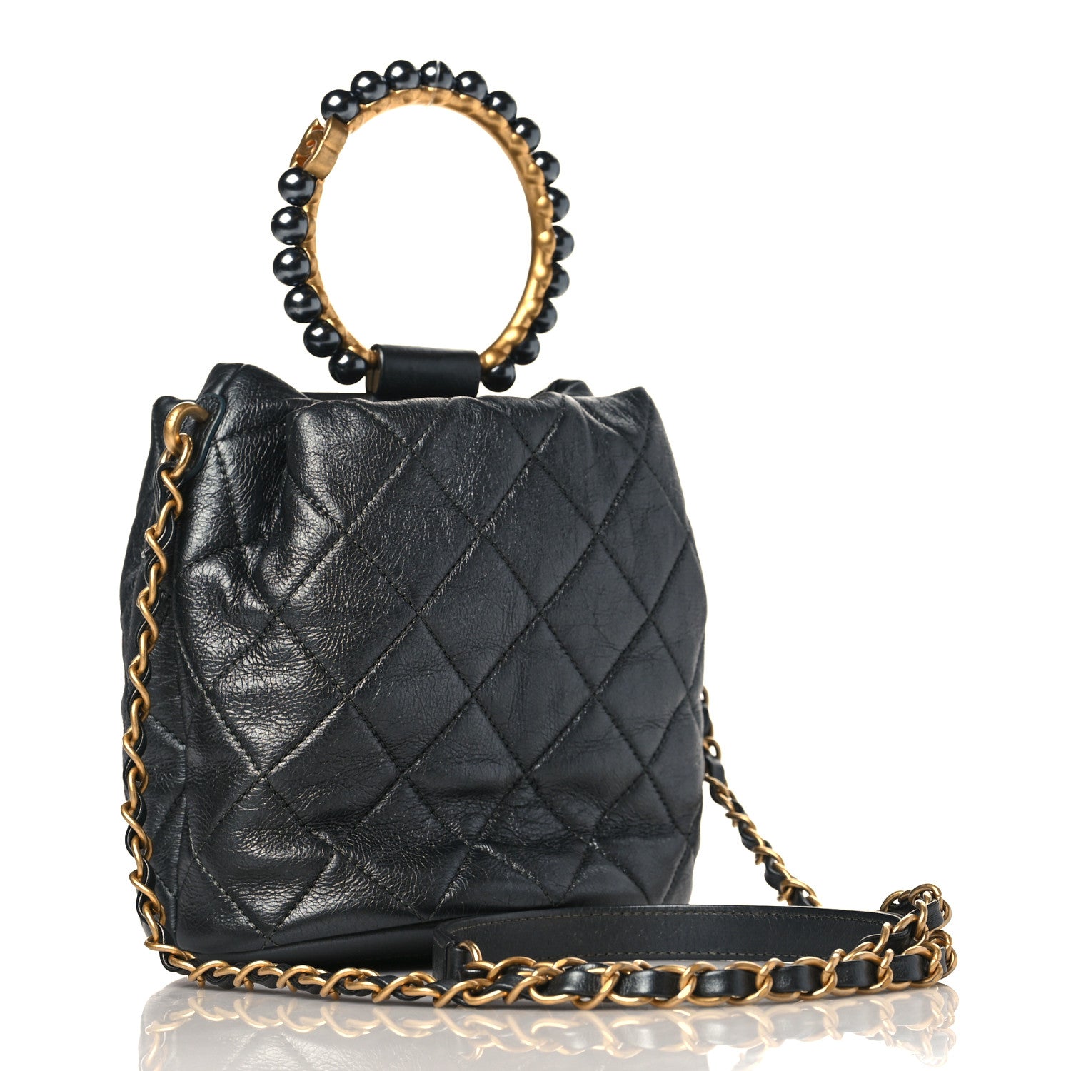 Chanel Metallic Lambskin Quilted Pearl Crown Drawstring Bag Anthracite 3 of 9