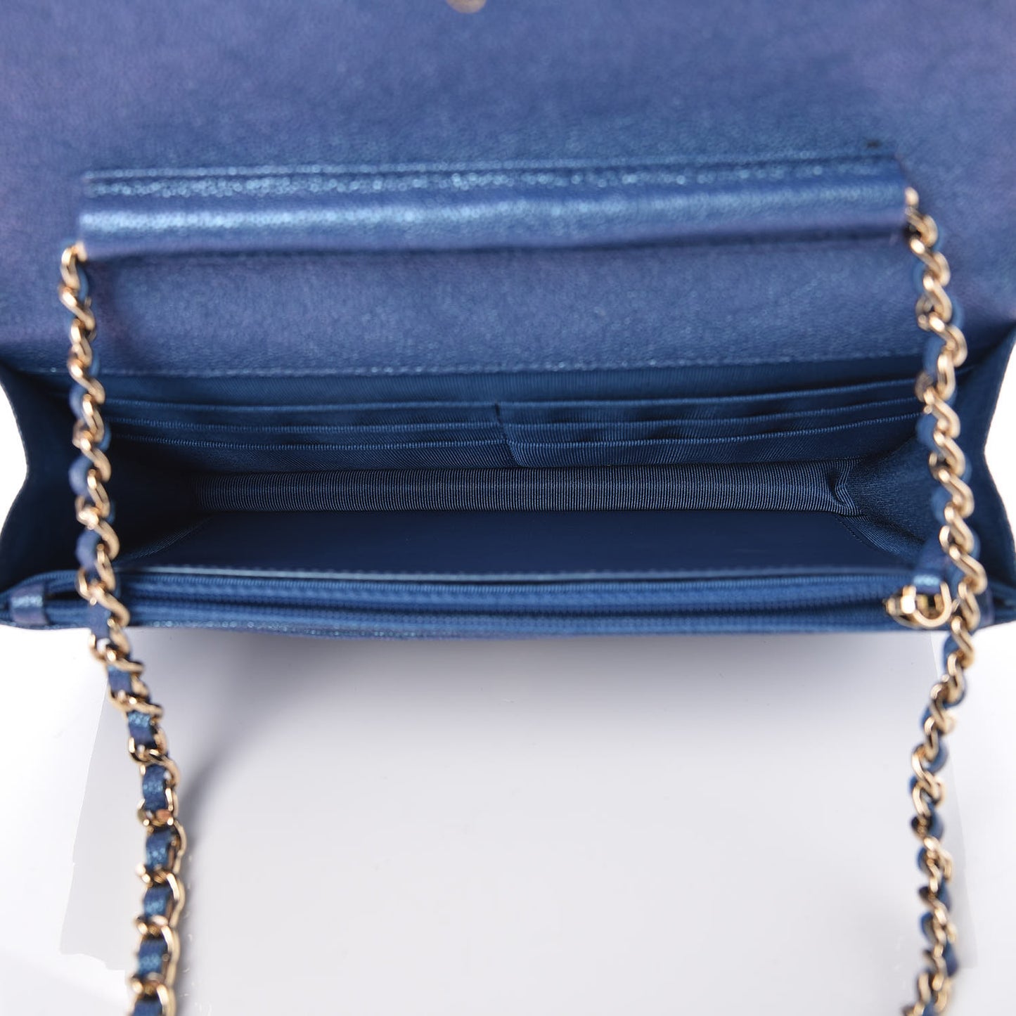 Iridescent Caviar Quilted Wallet On Chain WOC Dark Blue